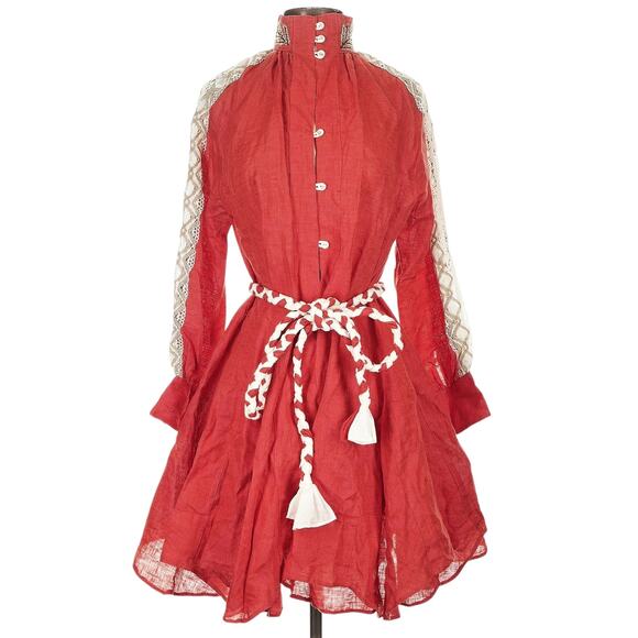 HILOS DE SOL Dalia Mexican embroidered linen lace belted red dress Size S M NEW - Picture 1 of 9